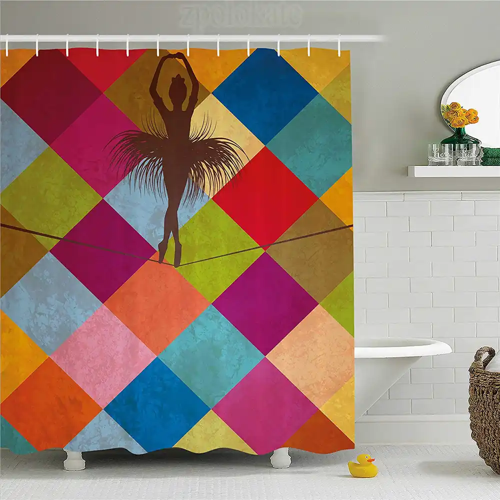 Modern Decor Shower Curtain Abstract Shadow Like Dark Brown Ballerina With Colorful Hexagonal Backdrop Fabric Bathroom Decor S Shower Curtains Aliexpress