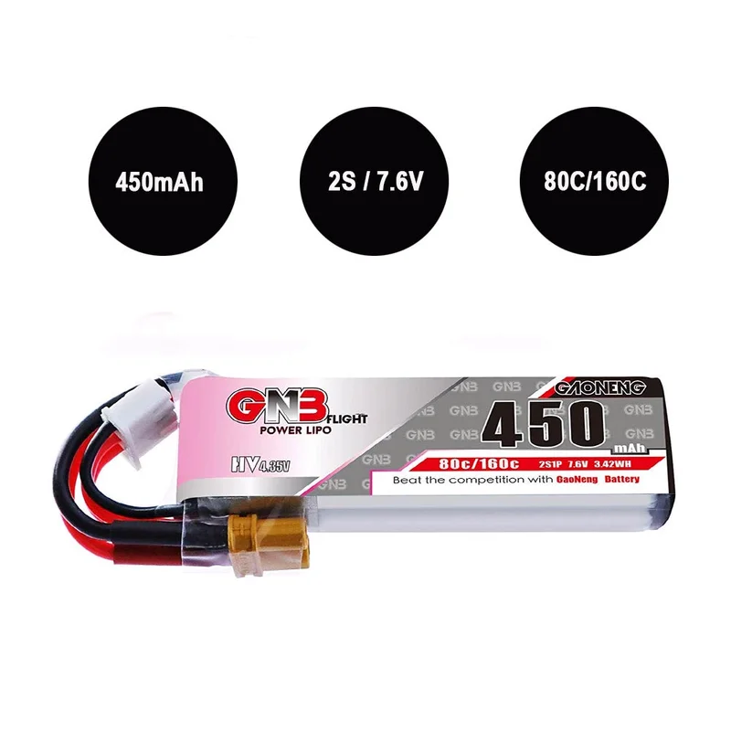 2 шт. GNB 450mAh 2S LiPo батарея HV 7,6 V 80C XT30 разъем для FPV гоночный Дрон 2S Whoops мини-самолет Маленький Ястреб дроны