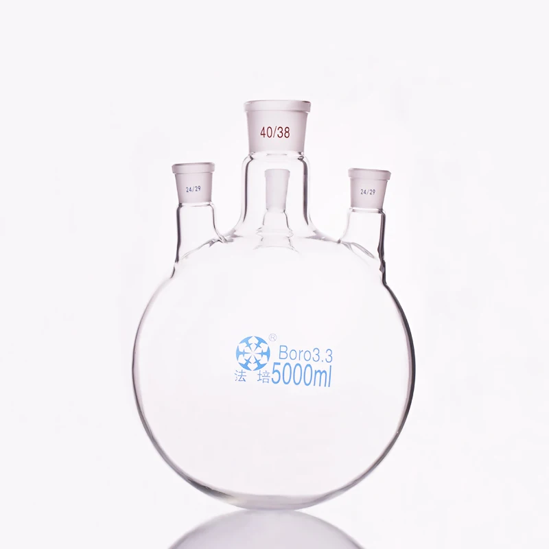 

Four-necked flask straight shape,with four necks standard ground mouth,Capacity 5000ml,Middle joint 40/38,lateral joint 24/29