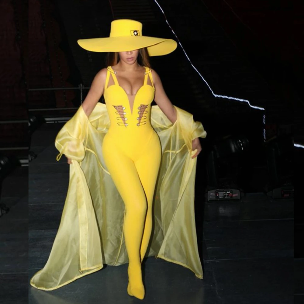 

2019 Women Yellow Spaghetti Strap Wpmen Sexy Mesh V Neck Bodycon bandage Jumpsuit Backless Clubwear Summer Party Night Out Festa