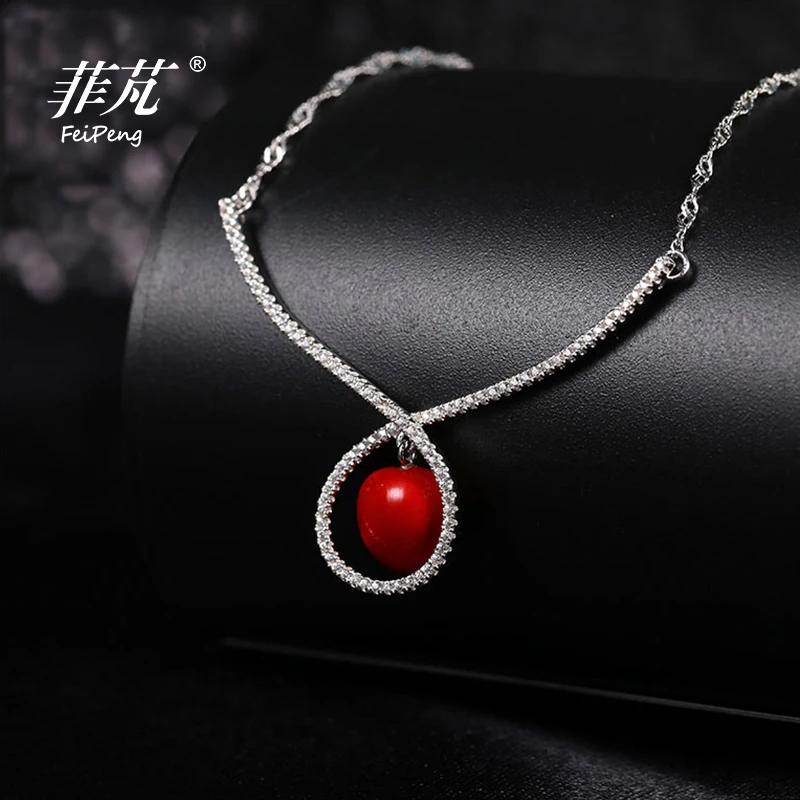 

2016 Fashion 925 Silver Ripple Pendant Necklace Platimum Plated Good Gift for Women with Red Adzuki Bean & Cubic Zirconia Stone