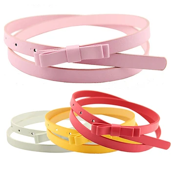 

New Women's Candy Color 2 Layers Bowknot Thin Narrow Belt PU Leather Waistband Strap