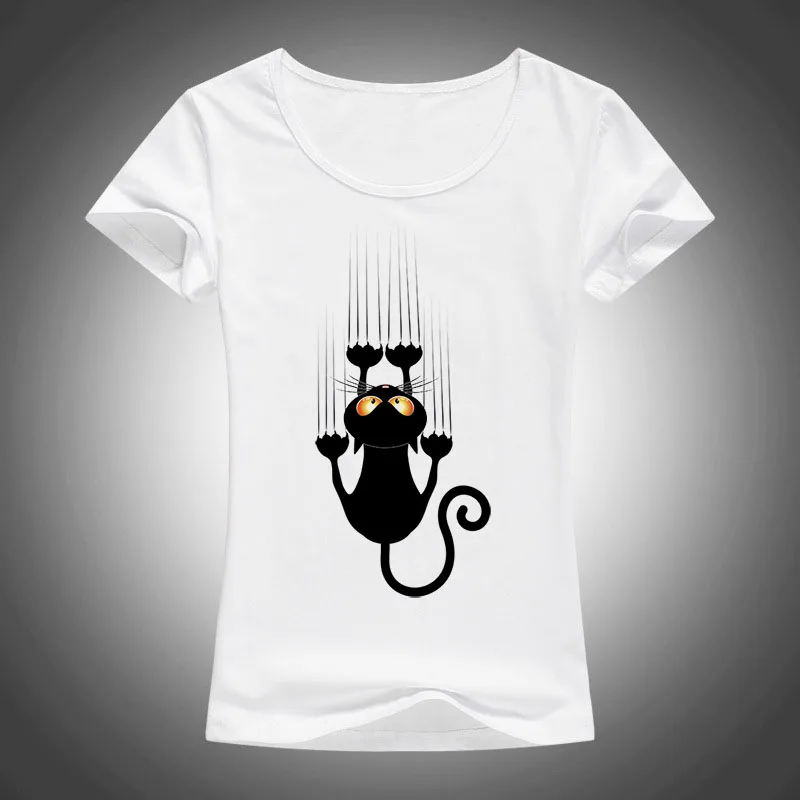 Moda divertida gato negro impreso 2017 de la historieta animal Cool T Shirt mujeres Tops camisetas o-cuello manga corta Camiseta Mujer f95