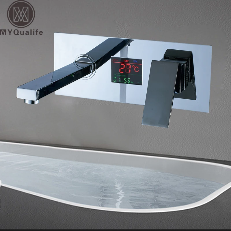 Хромированный кран для раковины с цифровым дисплеем, настенный кран для раковины в ванной комнате, смеситель для раковины со встроенным ящиком, краны горячей и холодной воды
