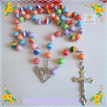 

8mm plastic stripe beads religious rosary necklace, Virgin Mary catholic rosary with alloy cross and centerpiece