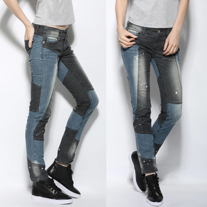 

Spring Fall Fashion Casual Women Patchwork Low Waisted Printed Skinny Denim Trousers , Woman Bleached Slim Stretch Jeans Pants
