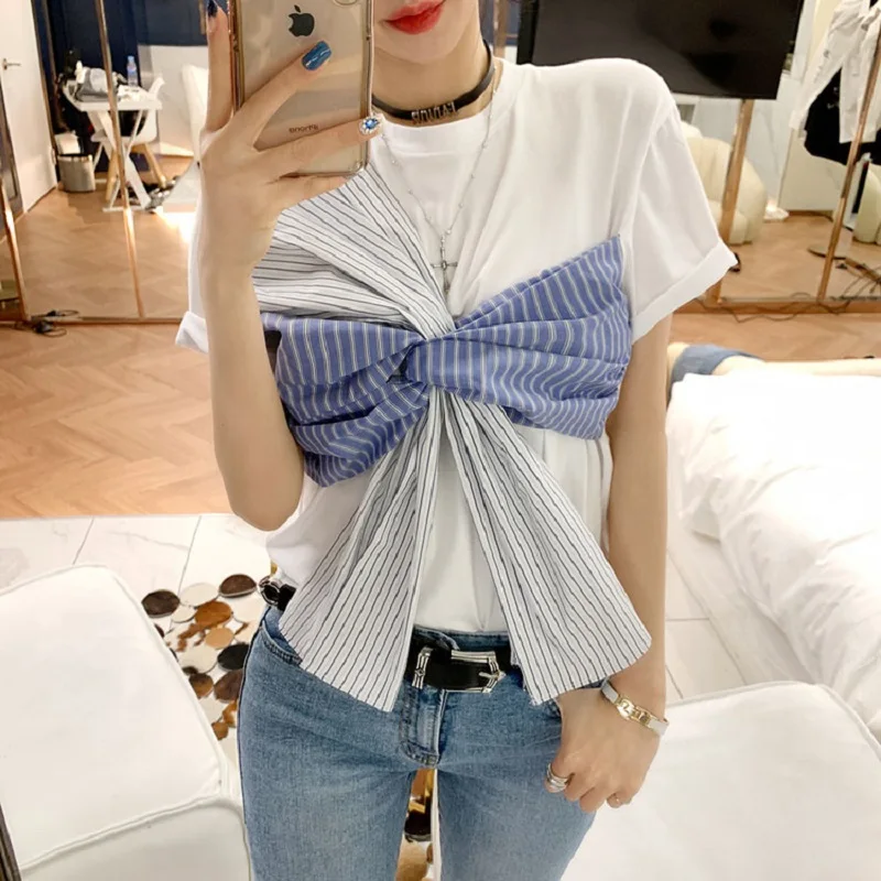 

CBAFU summer tops korean chic faux 2 piece cotton Tshirt women tee shirt casual striped patchwork bow tie female T-Shirt P063