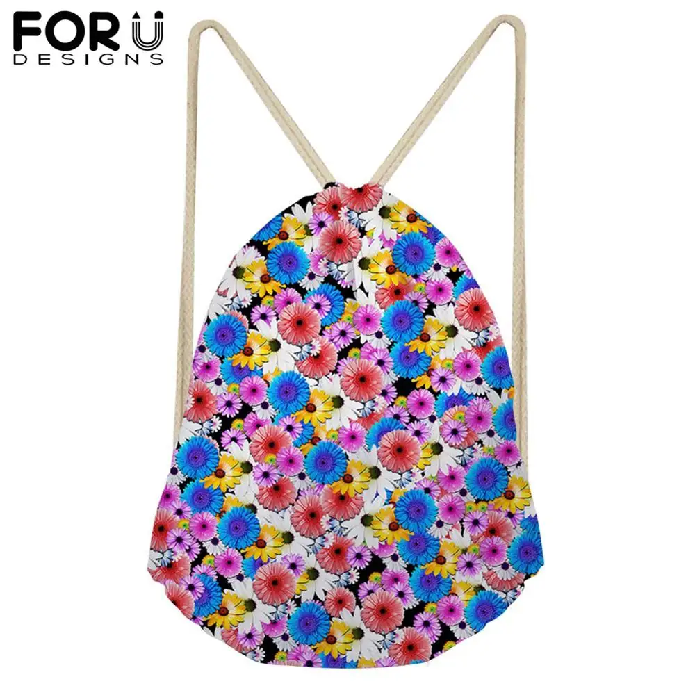 FORUDESIGNS Colorful Flower Printing Drawstring Backpack For Women