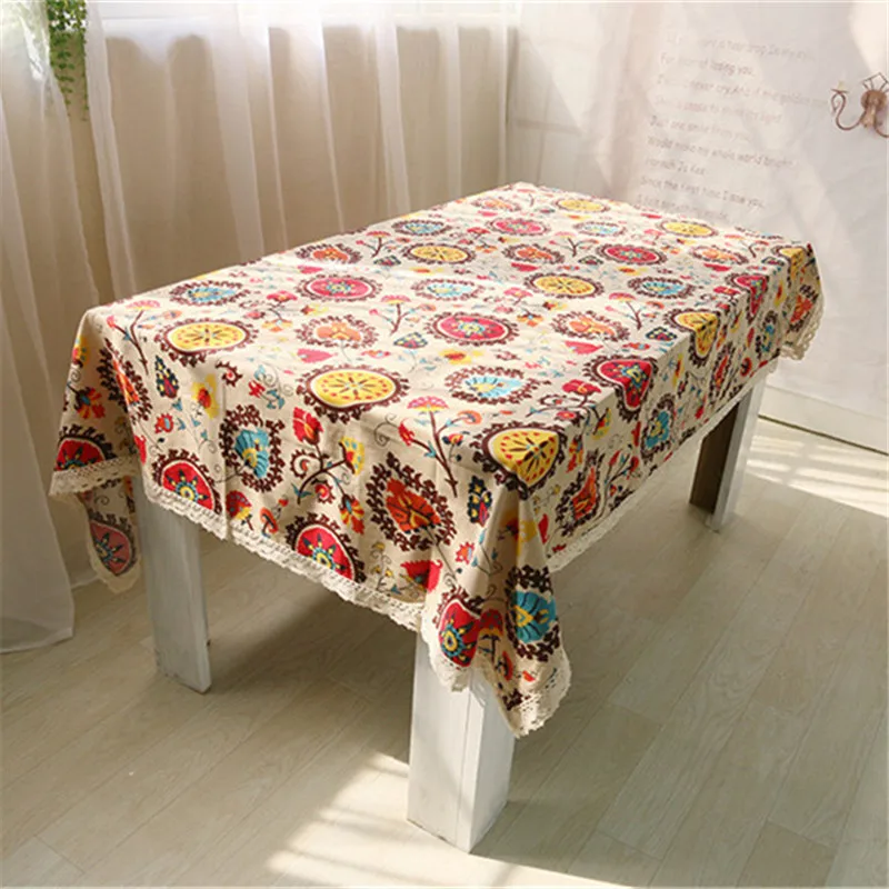 vintage ethnic style sunflower printed tablecloth lace cotton linen