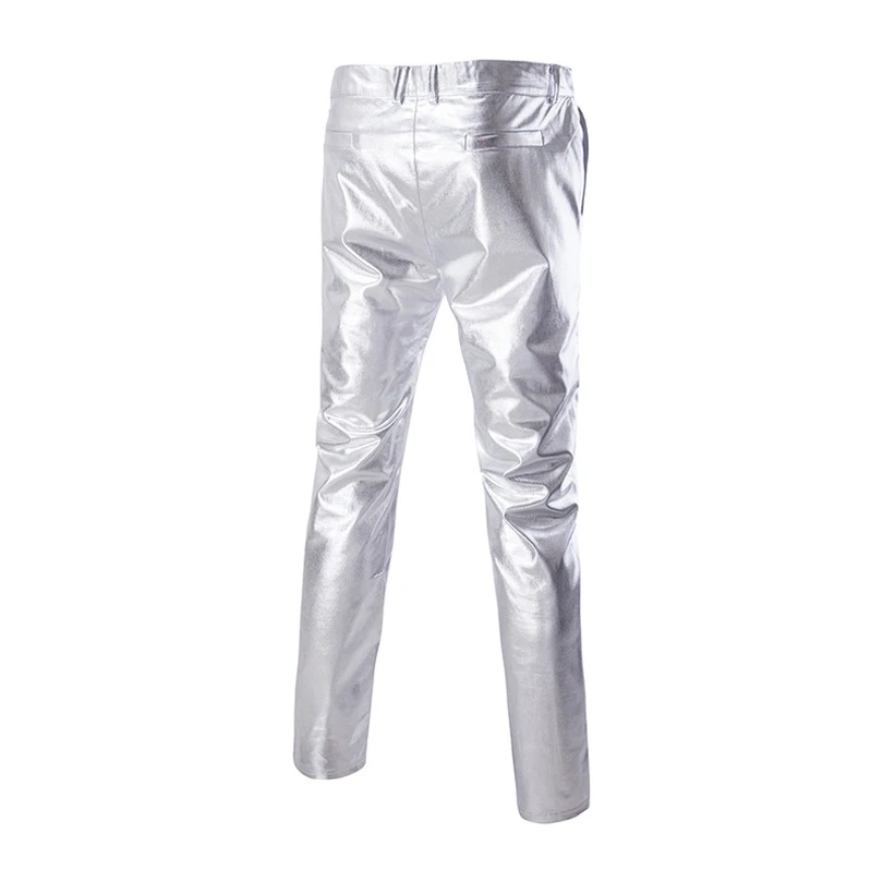 Брюки мужские блестящие Серебристые/черные из ПУ кожи на молнии|silver leather pants|pants