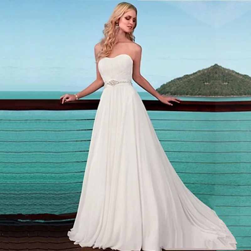 Simple Sweetheart Wedding Belt White Chiffon Beach Wedding Dresses ...