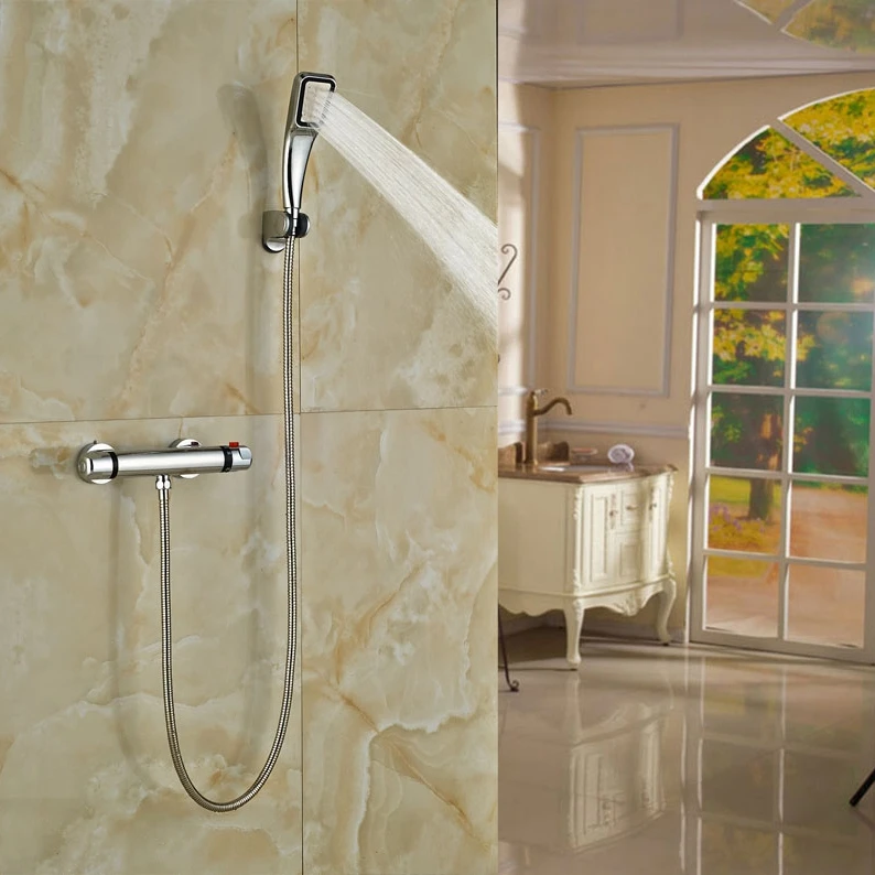 

Bathroom Thermostatic Shower Set Wall Mounted Chrome Finish Shower Faucet With Handheld