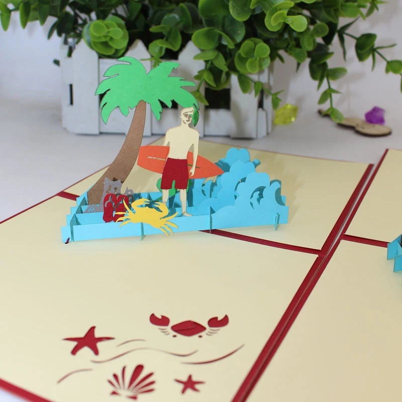  3D Laser Cut Handmade Red Cover Seashore Surfing Boy Girl Paper Invitation Greeting Cards PostCard  - 32889373666
