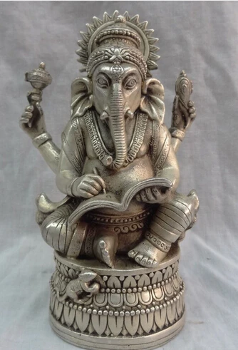 

B0601 Tibet Silver 4 Arms Ganapati Ganesh Lord Ganesha Buddha Brass Coin Mouse Statue
