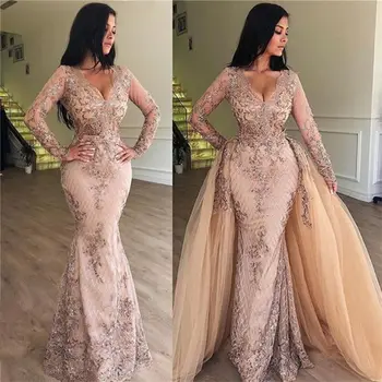 

New Elegant Long Evening Dress 2019 V-Neck Long Sleeves A-Line Floor Length Beading Tulle Formal Dress Party Gowns Vestidos