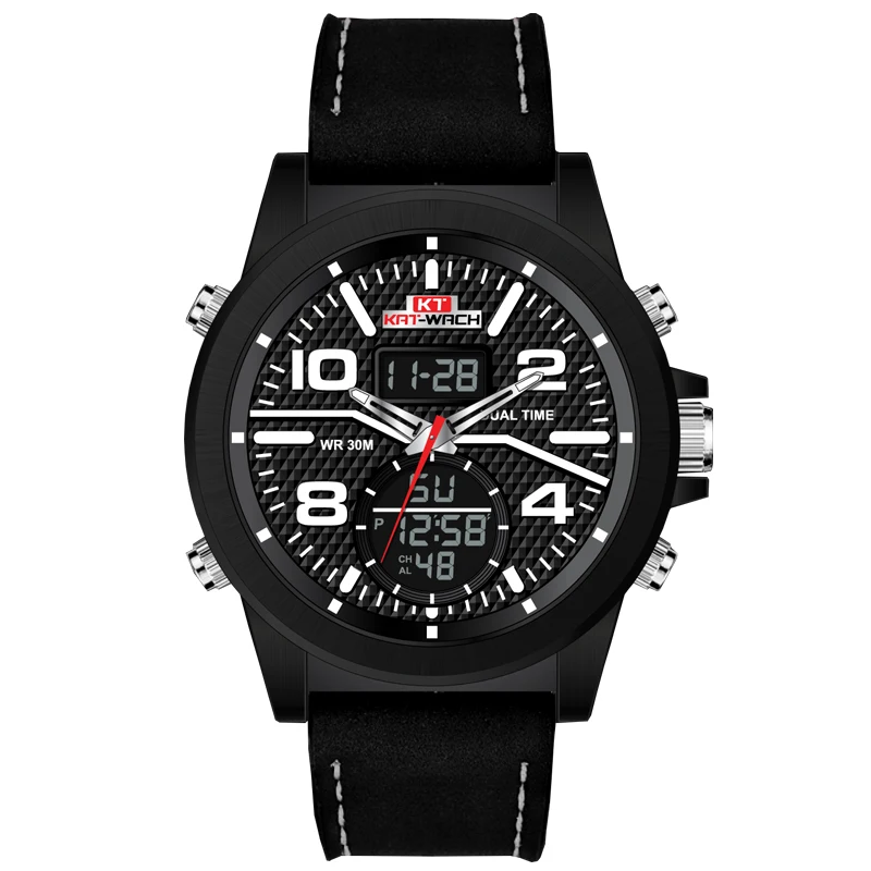 

KAT-WACH Sports Watch for Men Special Design Multi-Function Dual Display Big Dial Leather Strap Waterproof Boy Watch