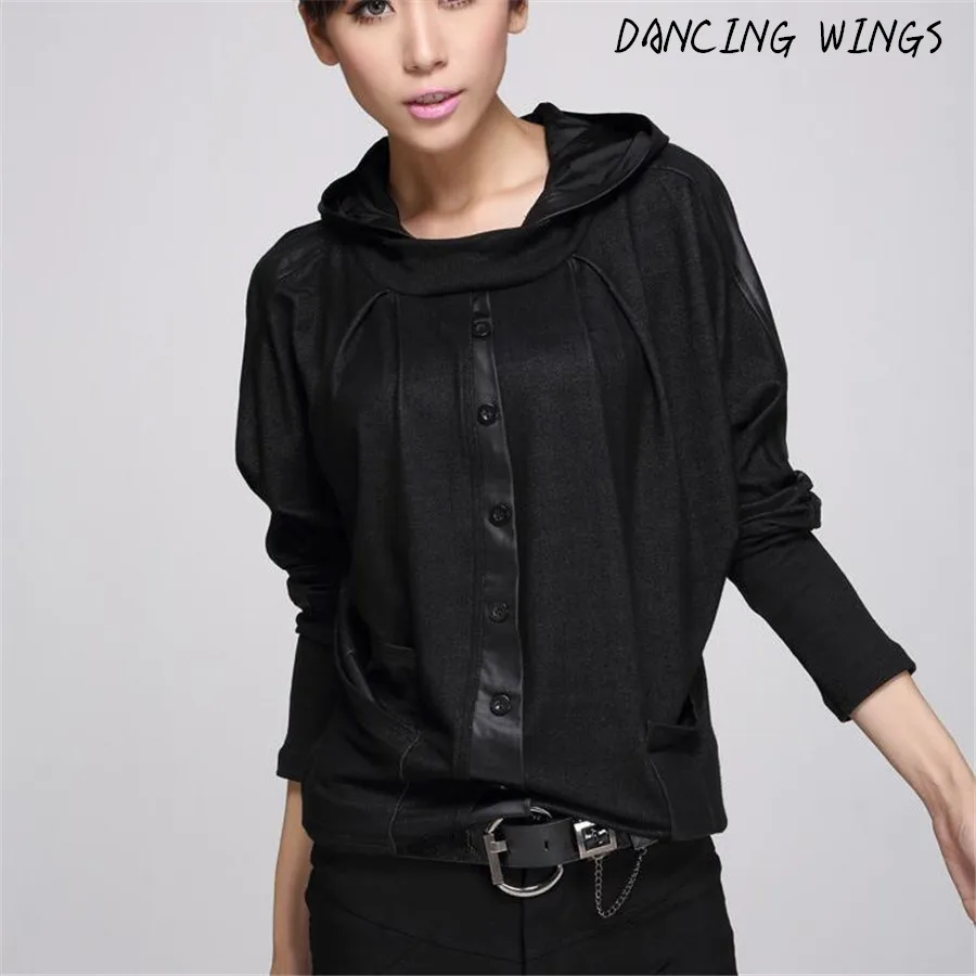 

DANCING WINGS Spring Women Casual Black Loose Bat sleeve Hooded T-Shirt Cotton