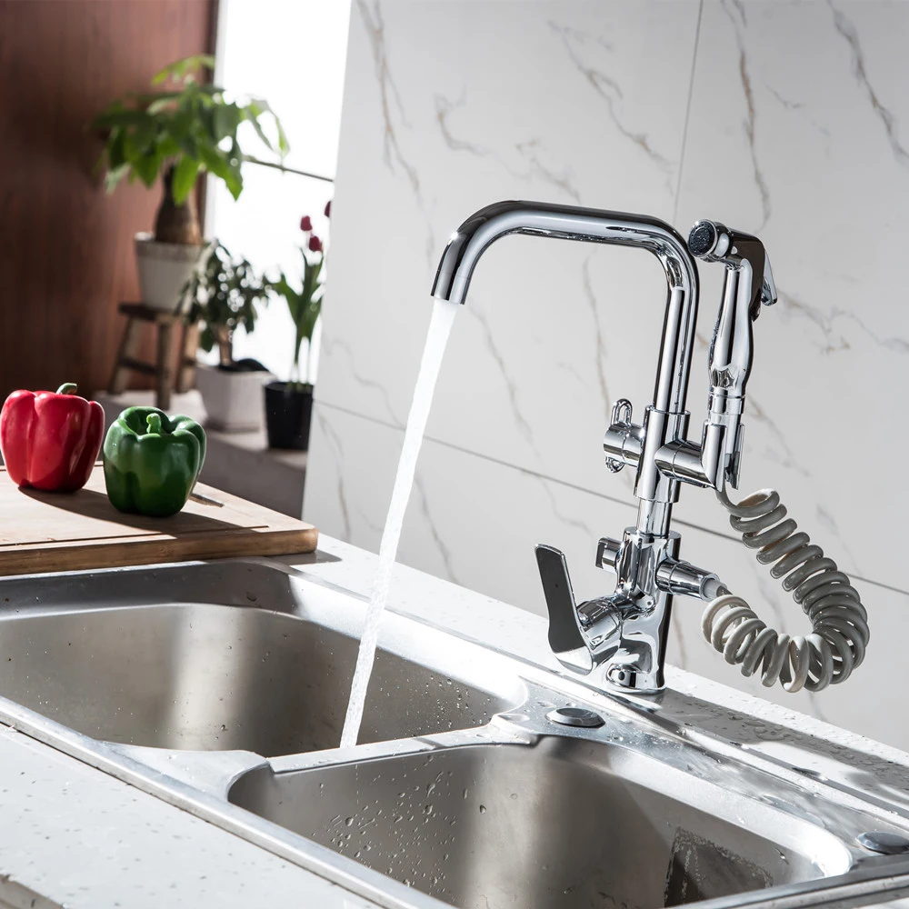 Pull out Side Sprayer Dual Spout Single Handle Mixer  Hot And Cold Deck Mounted  Kitchen Faucets Sink Faucet 360 Rotation Taps37