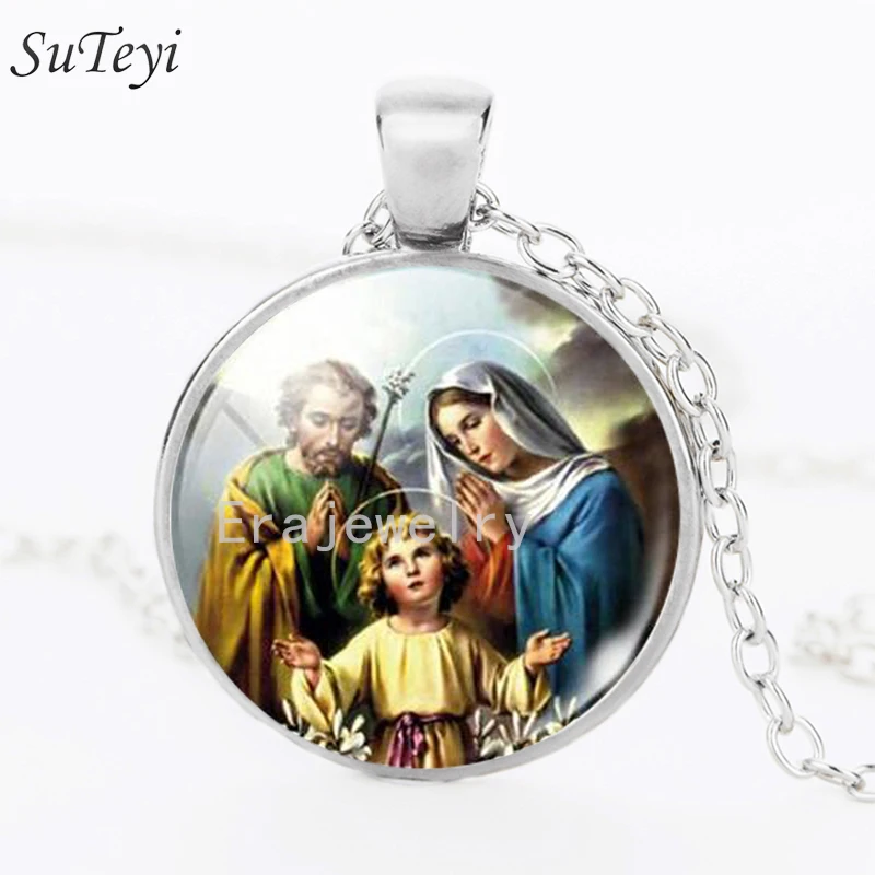

SUTEYI Wholesale Virgin Mary Mother of Baby Neckalce Jesus Christ Christian Jewelry Glass Photo Pendant Necklaces For Women Gift
