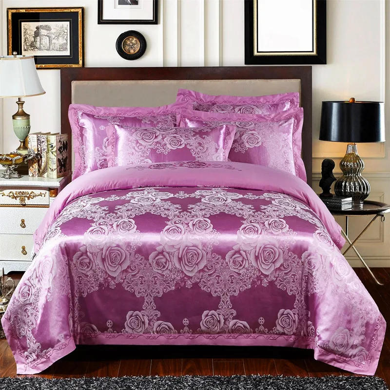 

SJ 4pcs/Set Satin Jacquard Silk Luxury Bedding Sets Cotton Duvet Cover Set Bed Linen Linings Wedding Bedclothes Home Textile