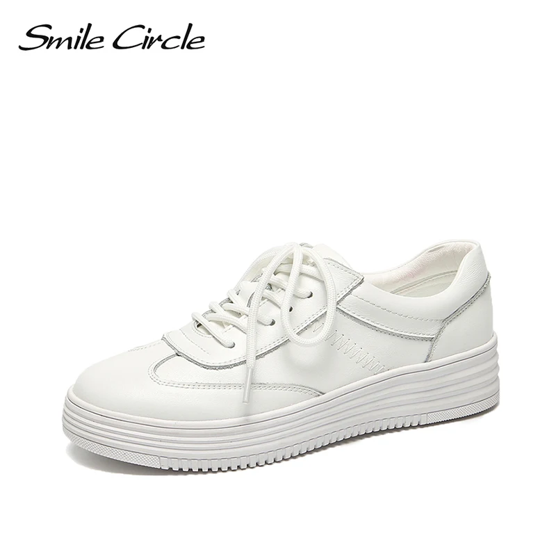 

Smile Circle Genuine Leather White Sneakers Women Lace-up Flat Casual shoes 2019 Spring fashion Thick bottom Increase Sneakers