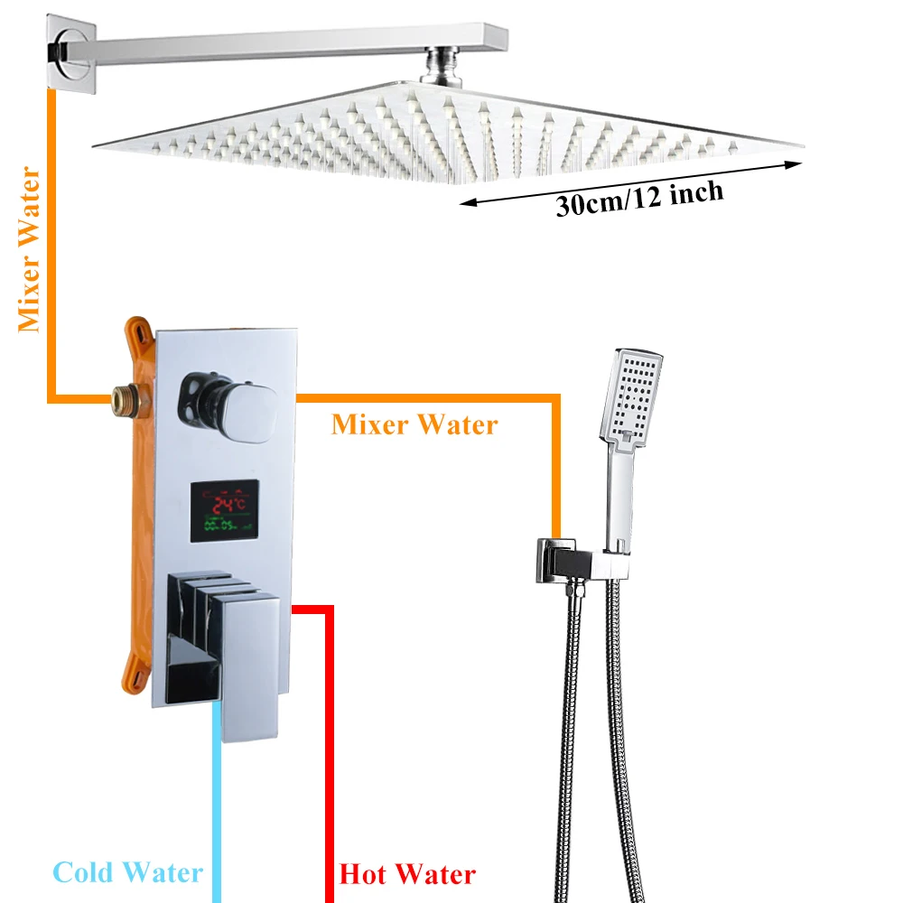 Смеситель для ванной комнаты с хромированным цифровым дисплеем, смеситель для ванной, настенный смеситель для ванной, смеситель для ванной комнаты - Цвет: 12 inch Shower Set