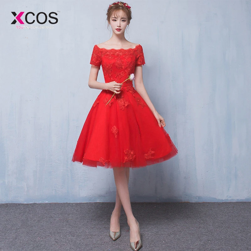 

XCOS Red Homecoming Dress Cheap A Line Appliques Cocktail Party Dress Knee Length Cheap Short Lace Homecoming Dress