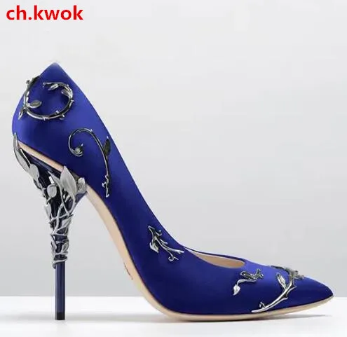 

2018 White Blue Filigree Leaf Women Pointed Toe High Heels Haute Couture Shoes Fashion Wedding Pump Super Sexy Party Shoes Woman