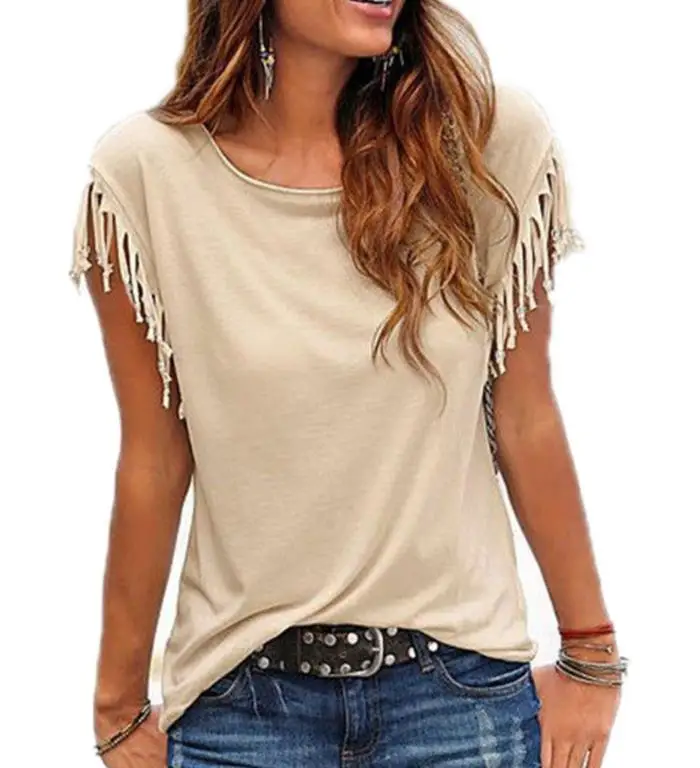 

2019 Summer Tassel Casua Blouse Shirt Female Vest Women O-neck Clothes Female Shirt Short Sleeve Female Tees Women Top