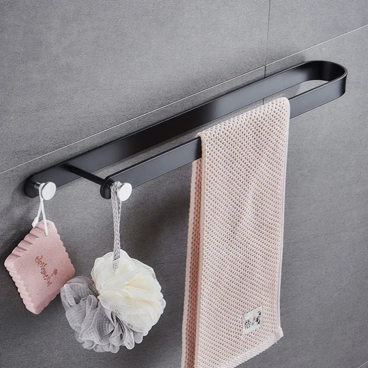

Bath Towel Holder-Hand Towel Rail Matte Black in Aluminum Sucker With Two Hooks Oxidation Finished Bathroom Storage Accessories