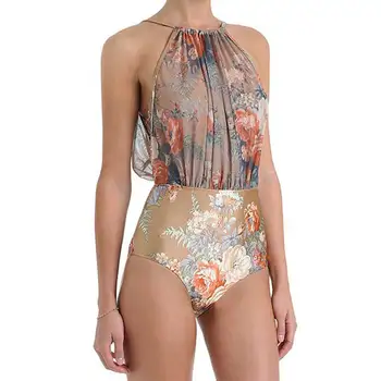 

Fashion Sexy 2016 Women Print Swimsuit Bodysuit One-piece Swimwear Retro Floral Mesh High-waisted Monokini Swimsuit