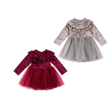 Пышное Детское платье для маленьких девочек длинный рукав бархат флис платье для дня рождения Тюль Туту сетки рюшами милое платье