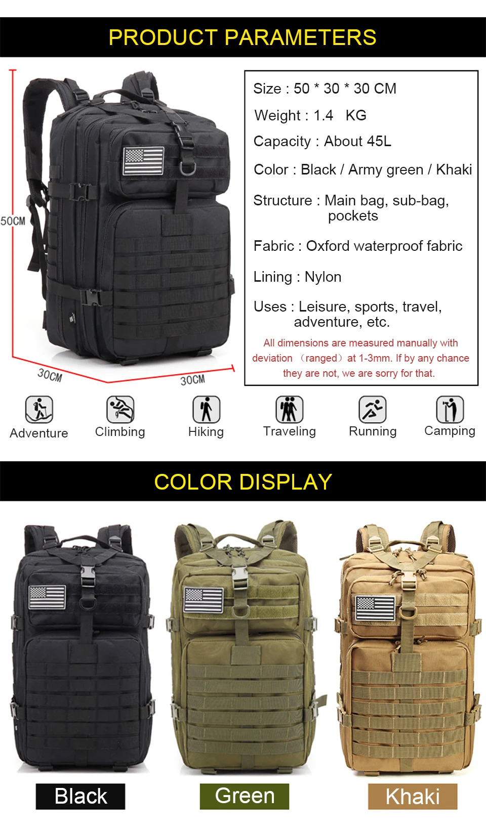 Outdoor Sports Backpacks Military Tactical Backpack Flag Patch Army Rucksack Camping Big Bagpack 3P Waterproof Molle Bags Packs (6)