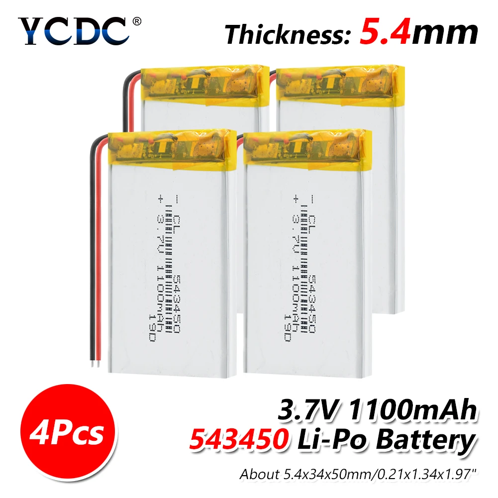 1/2/4 шт. 543450 3,7 V 1100mAh литий-полимерный аккумуляторная батарея для MP3 gps навигатор DVD рекордер гарнитура электронная камера