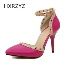 Brand HXRZYZ spring/summer fashion Rivet sexy 10cm super high heels black red women leather shoes Ankle Strap thin heel pumps