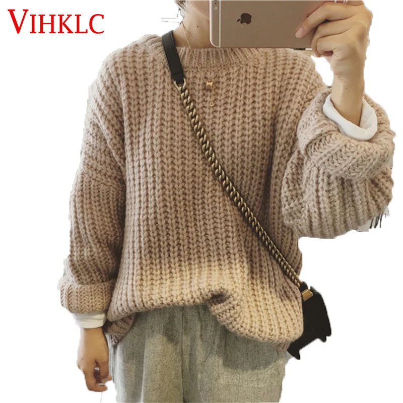 

Women Pullovers 2018 Winter Autumn Long Sleeve Knitted Sweater Casual Solid Loose Jumpers O-Neck Sweaters For Women B834