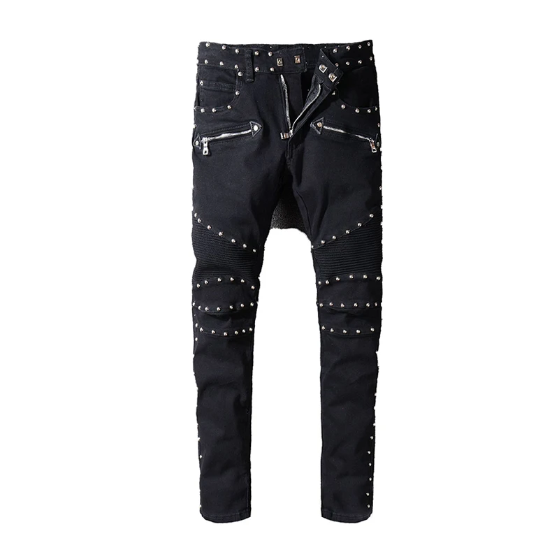 ABOORUN панк мужские модные байкерские мотоциклетные джинсы с заклепками для ночного клуба Лоскутные узкие джинсы для мужчин R387 - Цвет: black