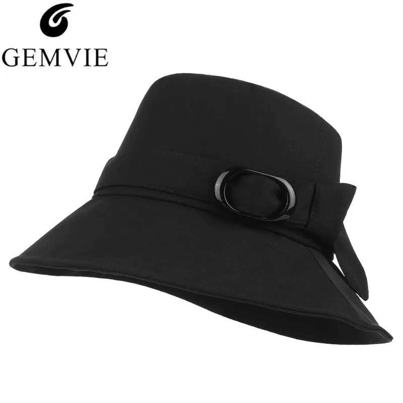 New Trendy Women Bucket Hat Flat Top Soft Brim Fisherman Hat Belt Decor