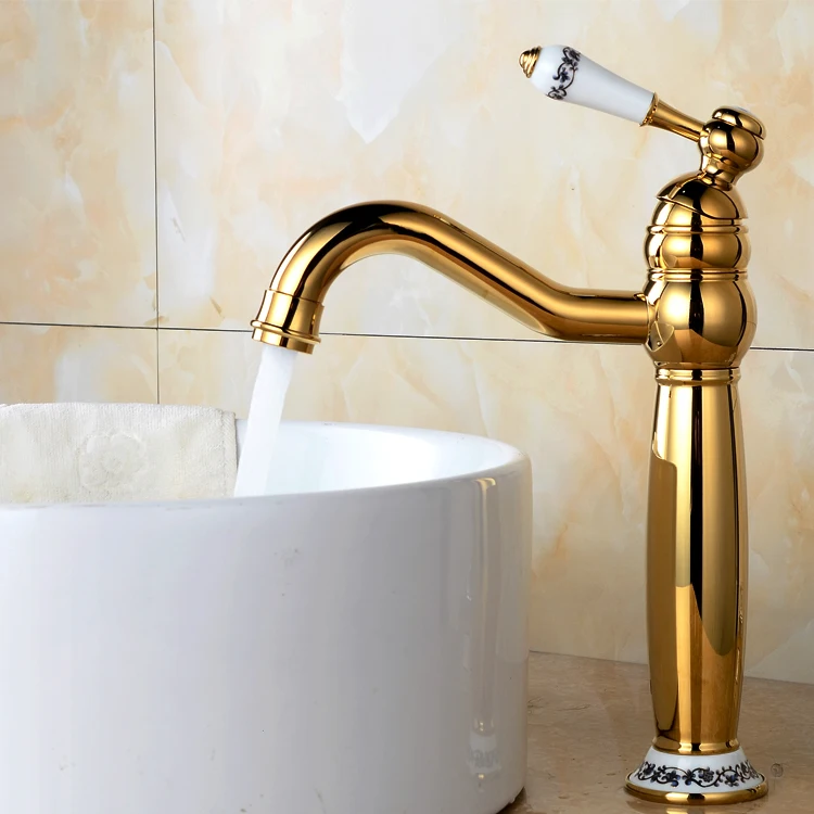 

Wenzhou Faucet Bsthroom Copper Hot and Cold with Porcelain Mixer Swivel Spout Gold Plated Sink Taps G1092