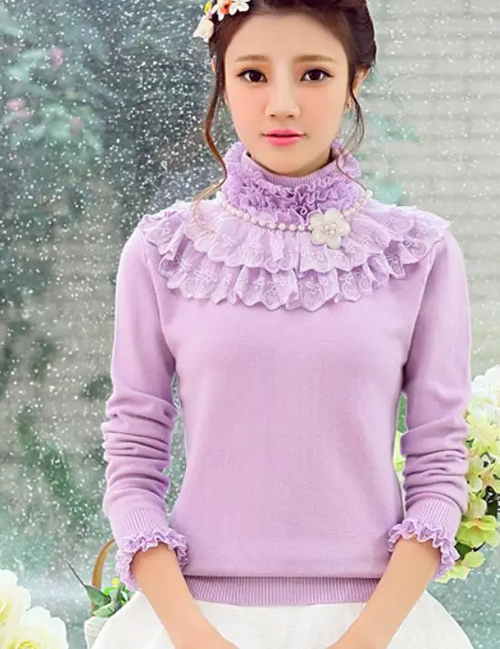 Осенне-зимнее корейское кружево с высоким воротником Женский комплект с длинными рукавами голова культивировать свой нравственный свитер с персонажами