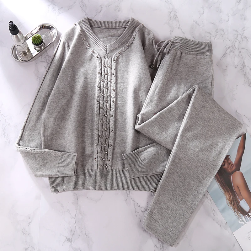 ALPHALMODA New Winter Women Knitted Diamond Sweater Pants Suit Tidy V-collar Twisted Crystal Jumper Trousers Tracksuits