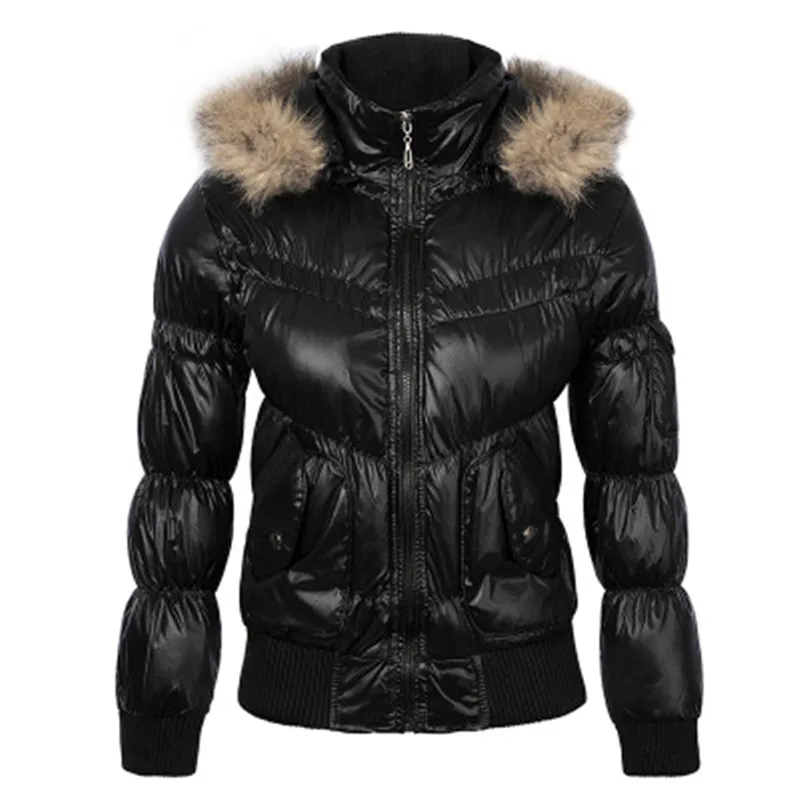 2017 Winter font b Womens b font Down Cotton Jackets with Raccoon Collar Hooded Bright Black