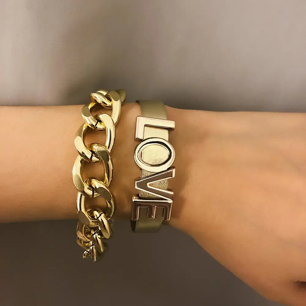 

2Pcs/Set Women English Letter Love Cuban Chain Bracelet Stainless Steel Bracelet Gold Silver Best Jewelry