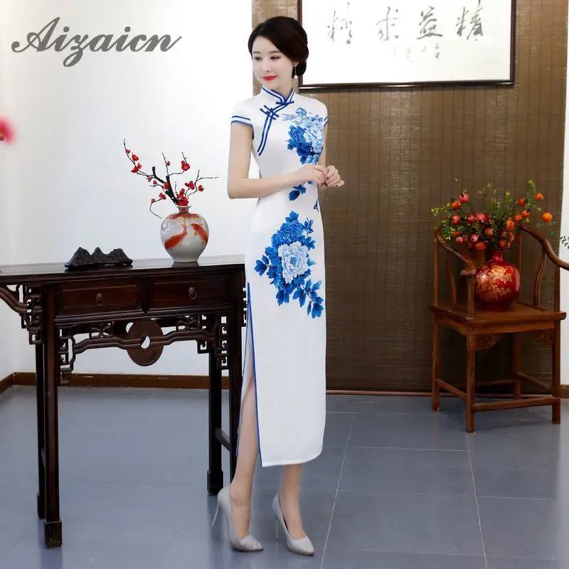 Новые китайские винтажное платье Ципао женские с цветочным принтом тонкие пикантный китайский женский халат по щиколотку Blanc Porcelaine платья