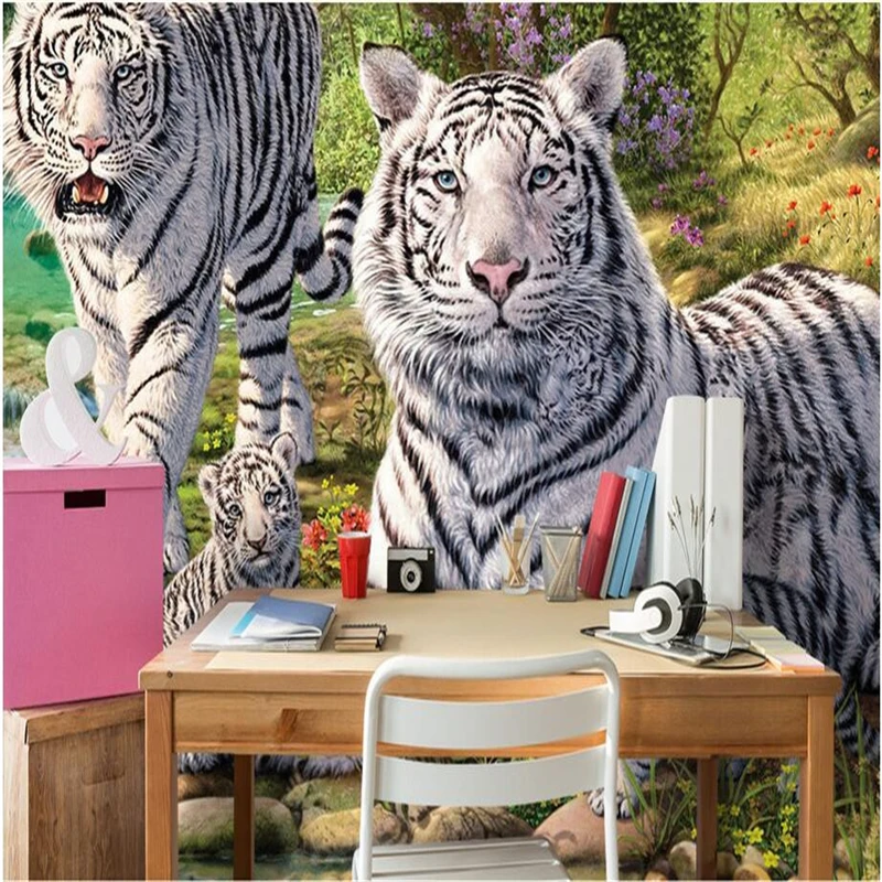 Custom photo 3d wallpaper Non-woven mural Green forest white tiger decoration painting 3d wall murals wallpaper for walls 3 d