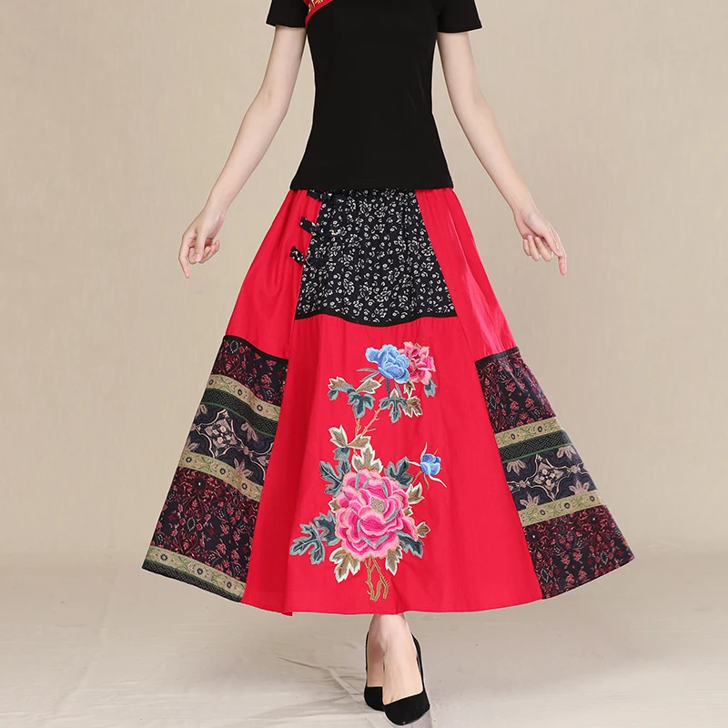 

KYQIAO Women ethnic skirt 2019 female autumn winter Mexico style vintage long blue red patchwork skirt maxiskit longuette