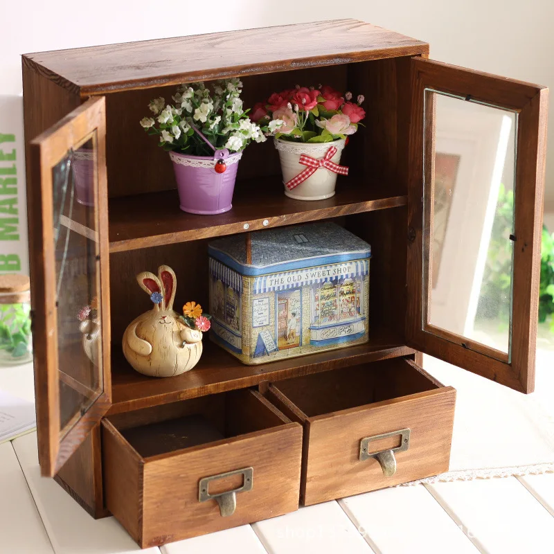 buy Retro Glass Transparent Storage Cabinet Wood Drawer Desktop Debris Storage Organizer Living Room Storage Cabinet Books Container