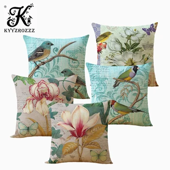 

Flower Bird pattern Cushion Cover High Quality Cotton Linen Pillowcase beautiful Flowers home sofa car Decorative Pillows case