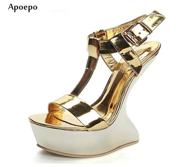 

New Summer Fashion Strange Heels Sandal for Woman Metallic Gold Leater T-strap Platform Sandal Buckle Strap Sexy Dancing Shoe