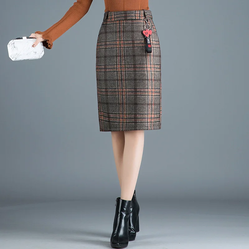 

New Woolen Plaid Lattice Skirts Women 2019 Gray Mid Long High Waist Pencil Skirt S-4XL Plus Size Office Lady Winter Warm Skirt